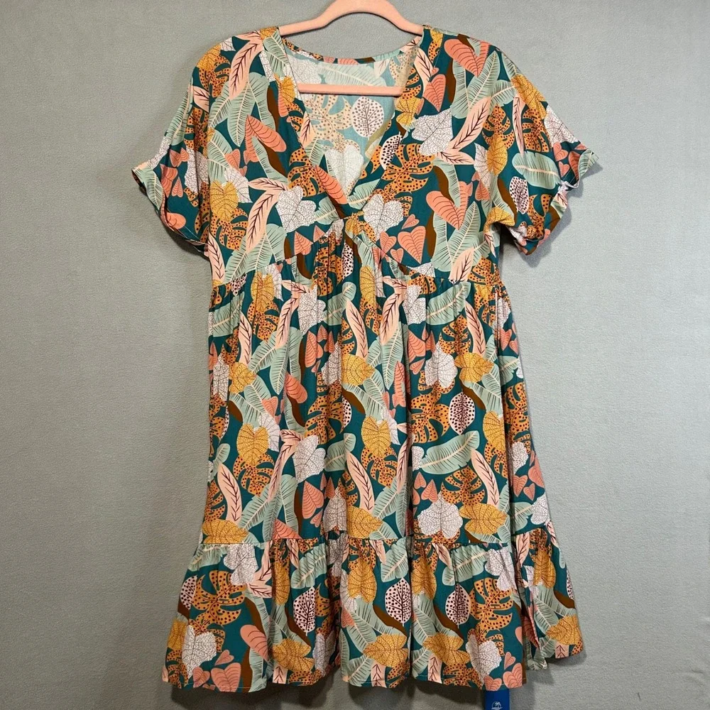 Cupshe Tropical Leaf Short Sleeve Flounce Hem Mini Dress Size Medium A Line - Picture 2 of 9